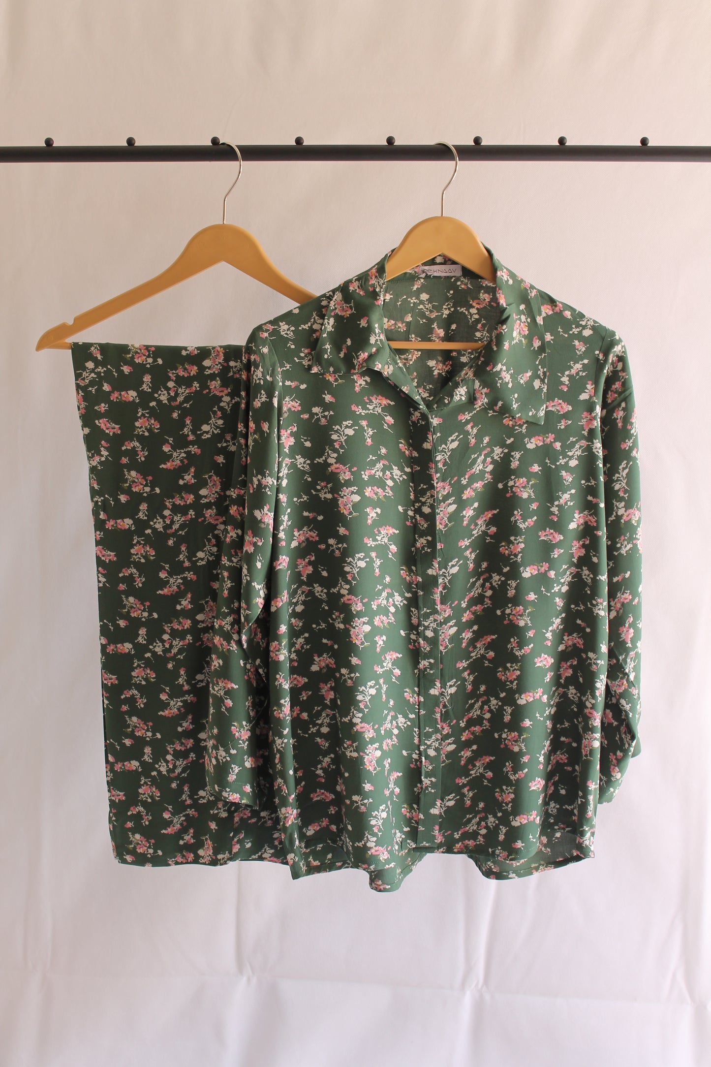 Printed Green Linen Co-ord Set - Button Down
