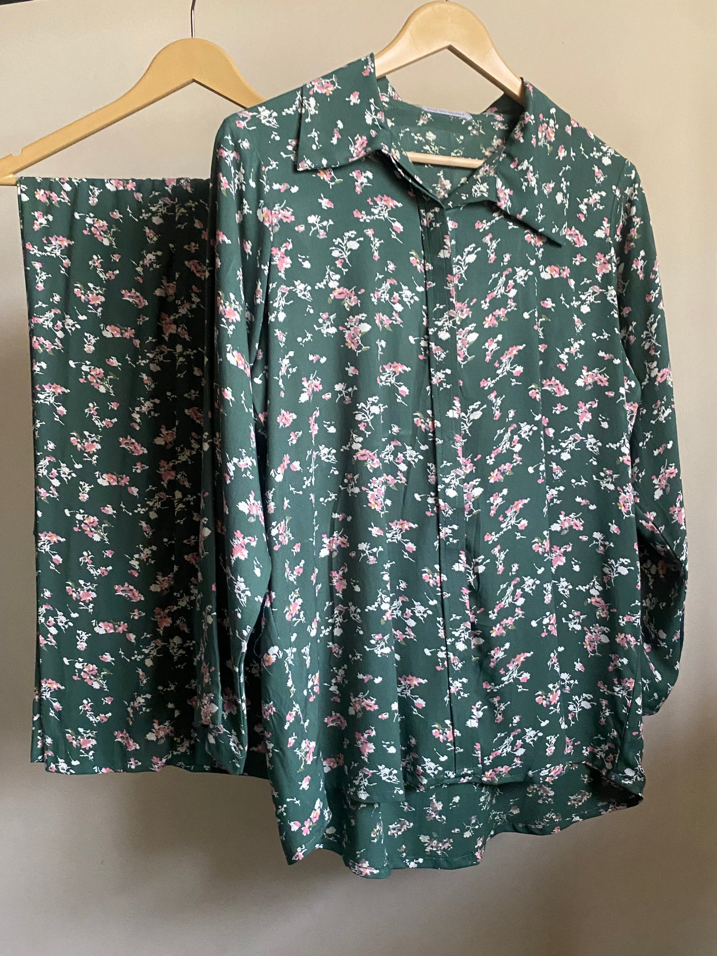 Printed Green button down Co ord Set