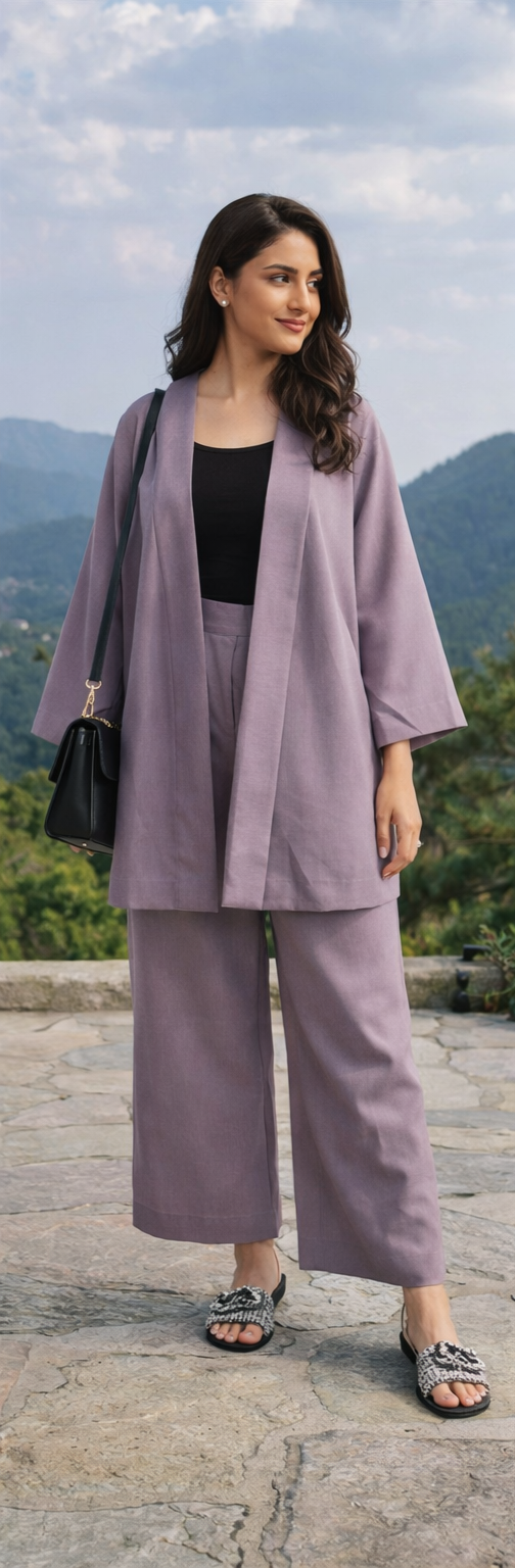 Mauv Solid Kimono Co-ord Set (Mid Season)