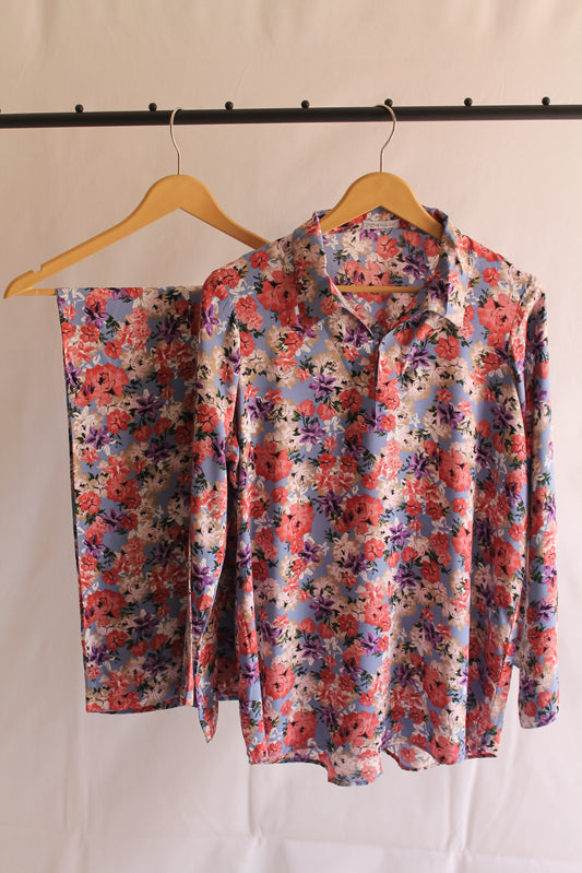 Blue Floral Printed Linen Co ord Set