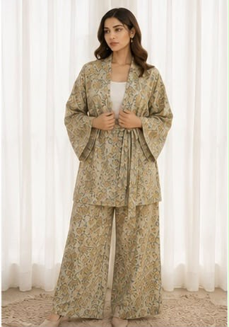 Lime Floral Kimono Co-ord Set – Self-Print (Winter)