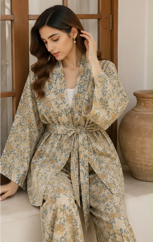 Lime Floral Kimono Co-ord Set – Self-Print (Winter)