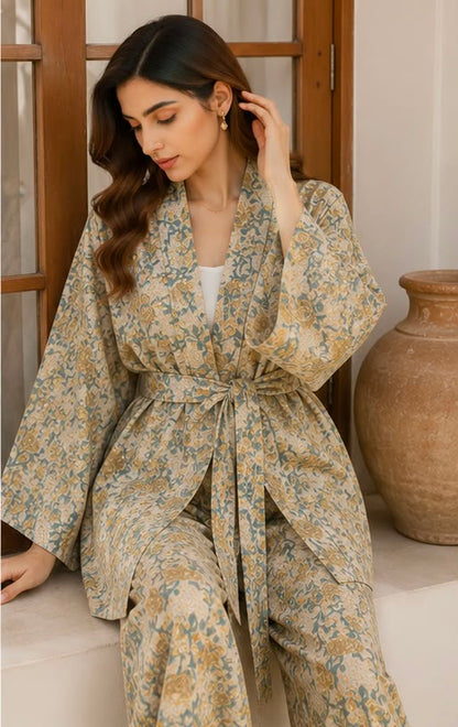 Lime Floral Kimono Co-ord Set – Self-Print (Winter)