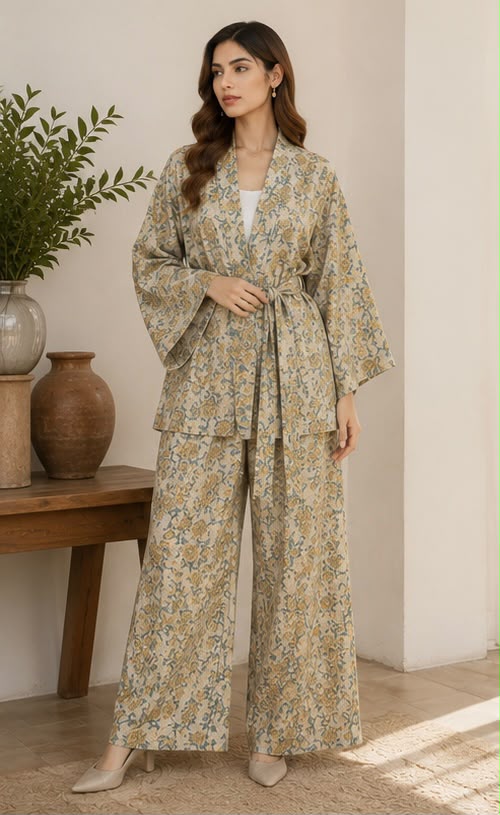 Lime Floral Kimono Co-ord Set – Self-Print (Winter)