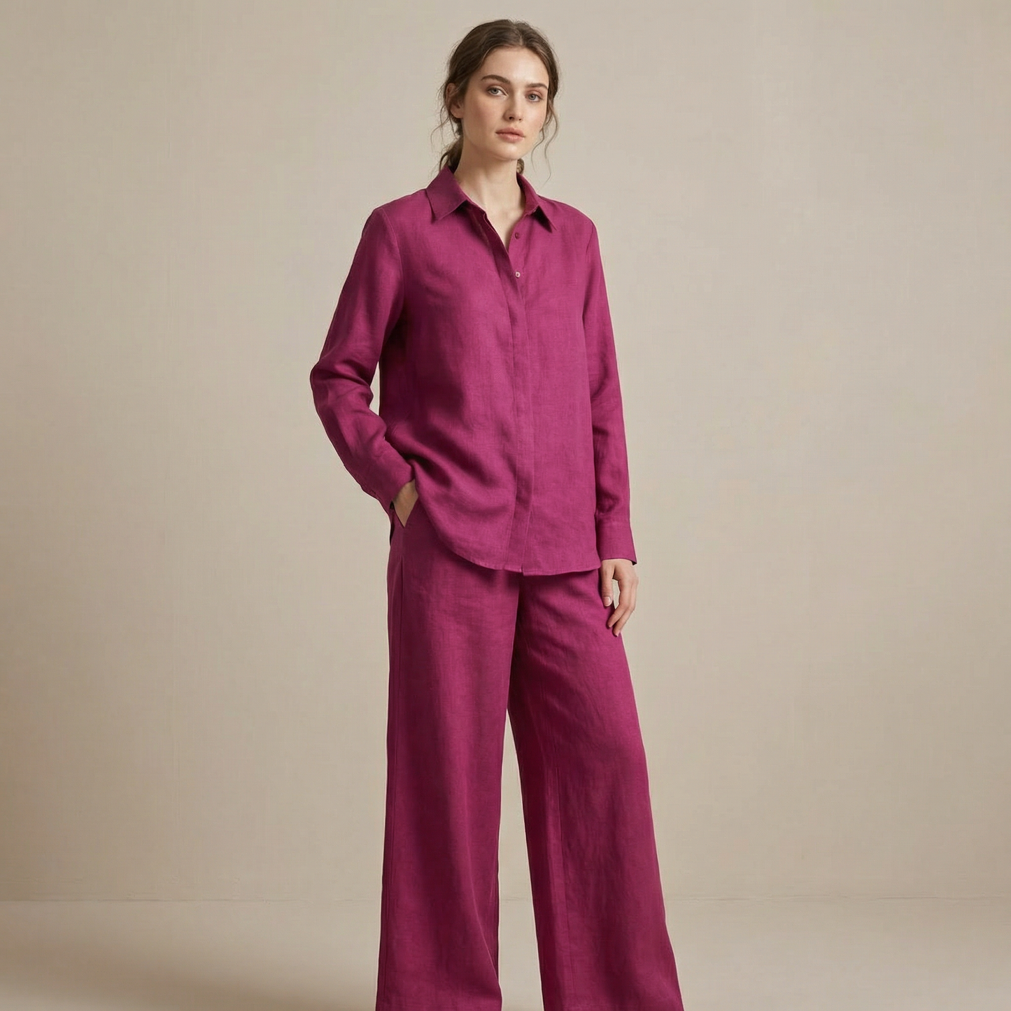 Magenta Linen Co-ord Set - Button Down